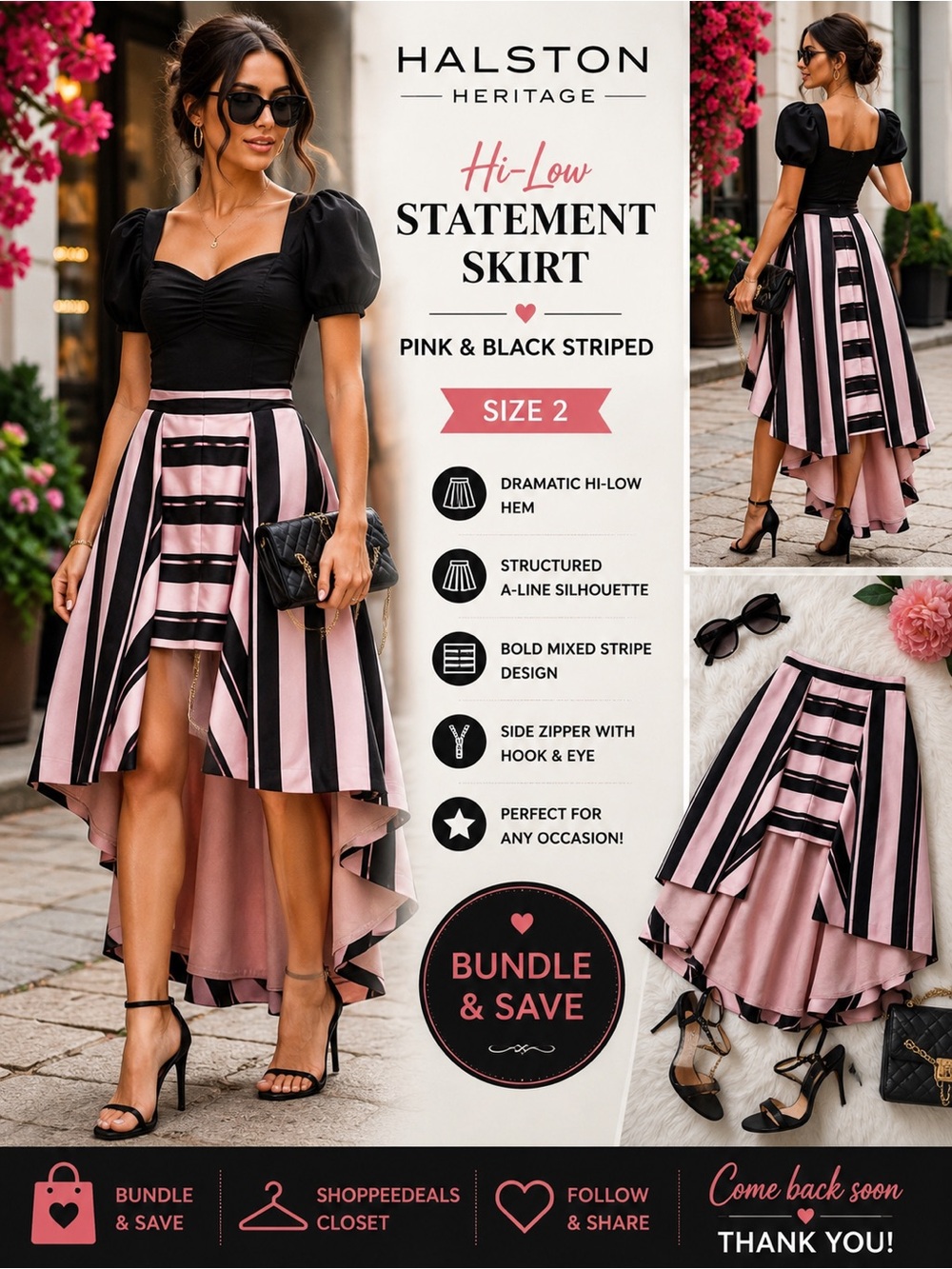 Halston Heritage Pink & Black Striped Hi-Low Structured Skirt – Women’s Size 2